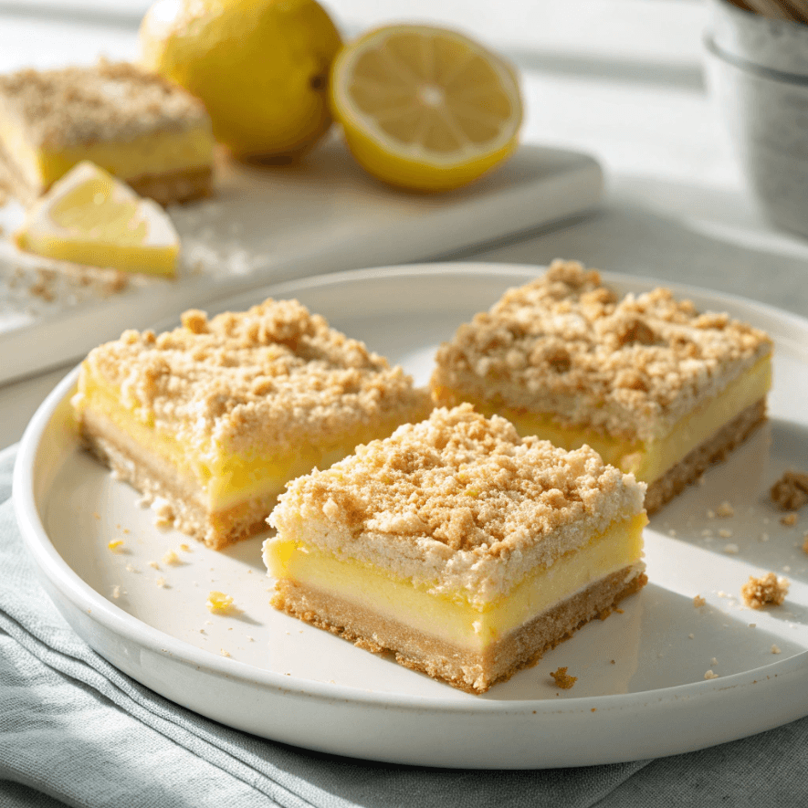Full view of lemon crumb bars showing crumb topping and lemon layers.