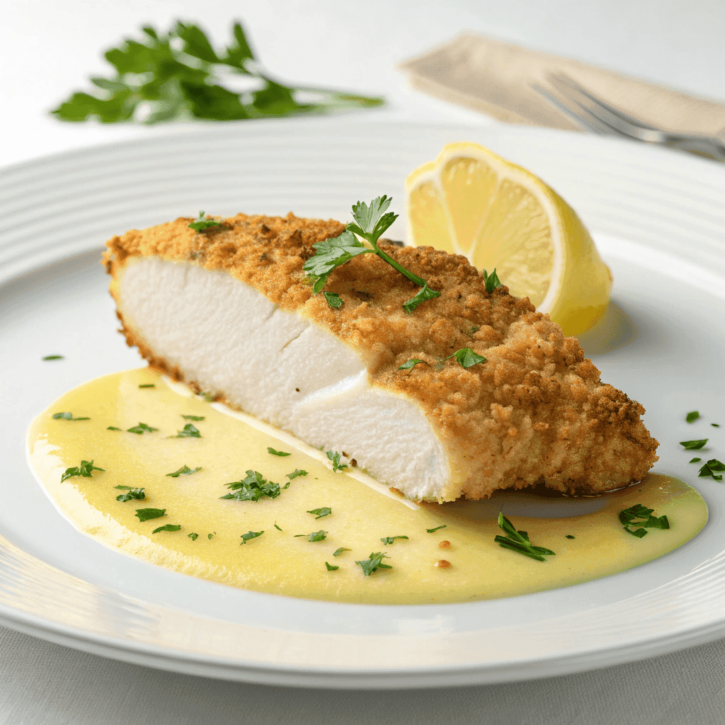 Crispy lemon pecorino crusted chicken served on a plate with creamy lemon sauce and parsley