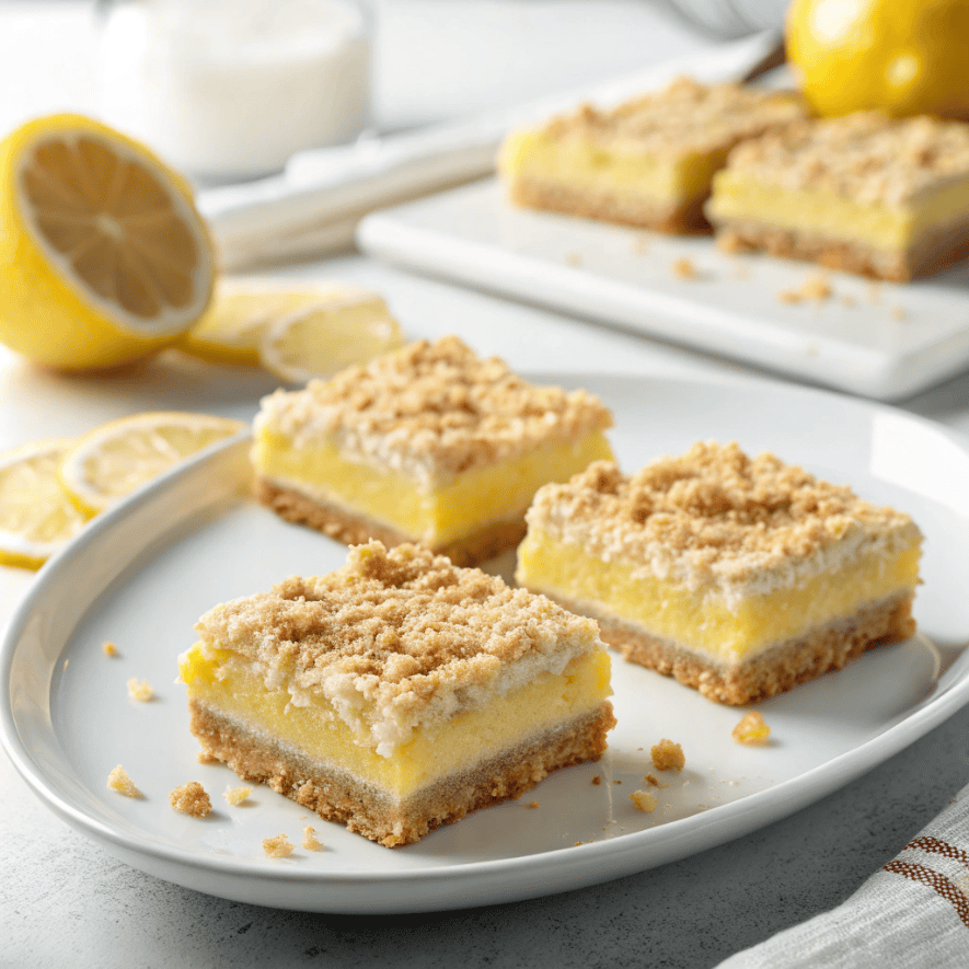 Lemon crumb bars served on a white plate with visible layered filling.