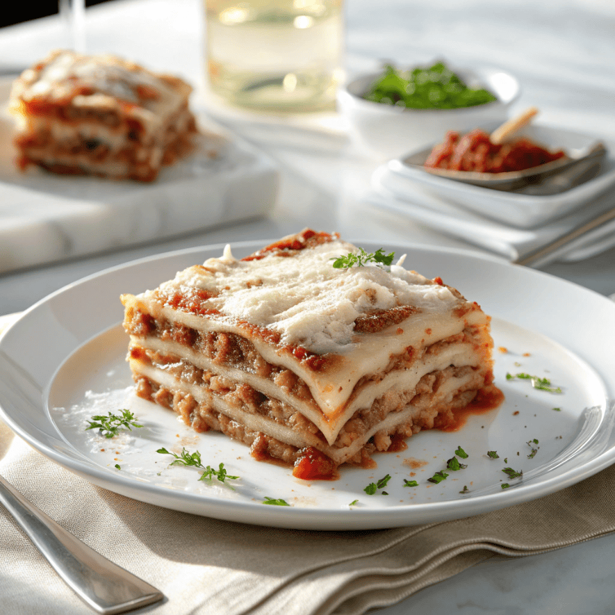 Lasagna slice with melted mozzarella and meat sauce served on a white plate.