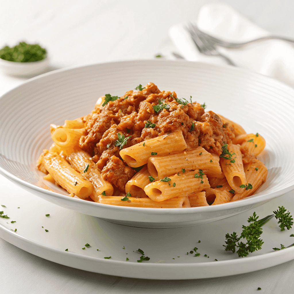 Makkaroni alla mamma served on a plate with creamy meat sauce and parsley