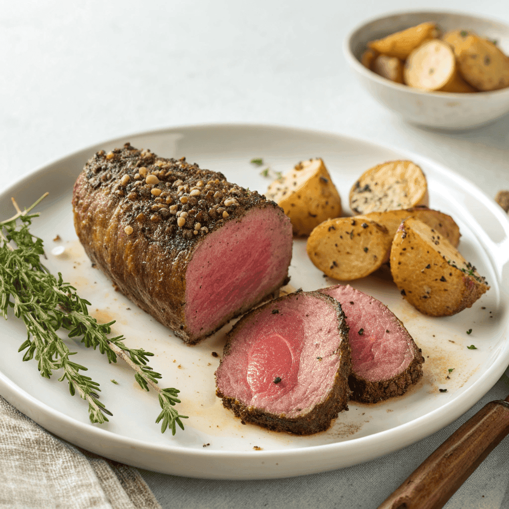 Million Dollar tenderloin served on a white plate showing medium-rare center and herb crust