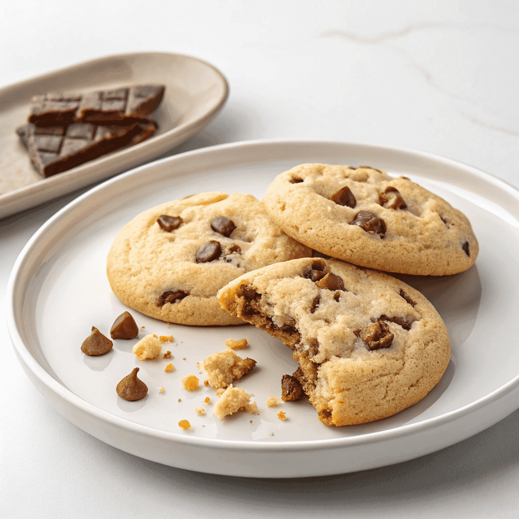 Neiman Marcus cookies on a white plate showing thick texture, chocolate chunks, and chewy interior