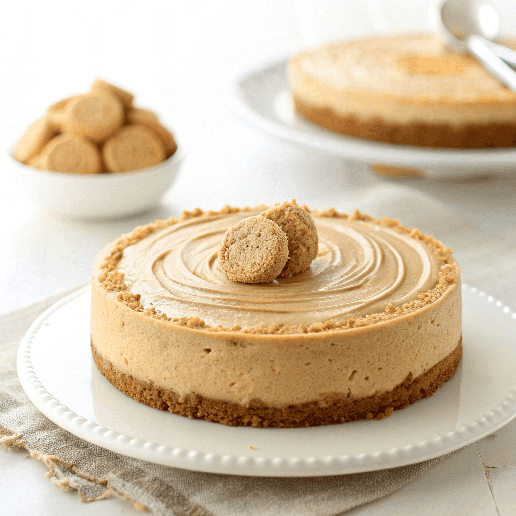 Minimal white plate presentation of a no bake cookie butter cheesecake with smooth beige filling and golden cookie crust.