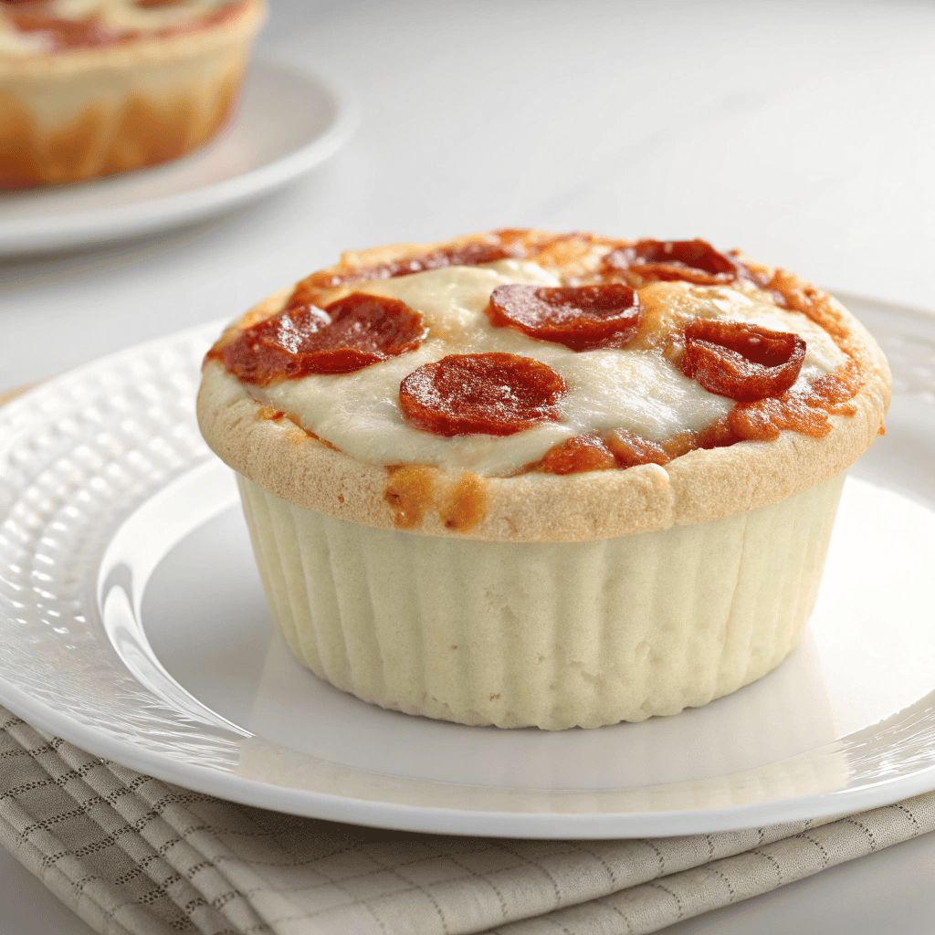 Pizza cupcake served on a clean white plate with soft dough crust, tomato sauce, and melted mozzarella cheese