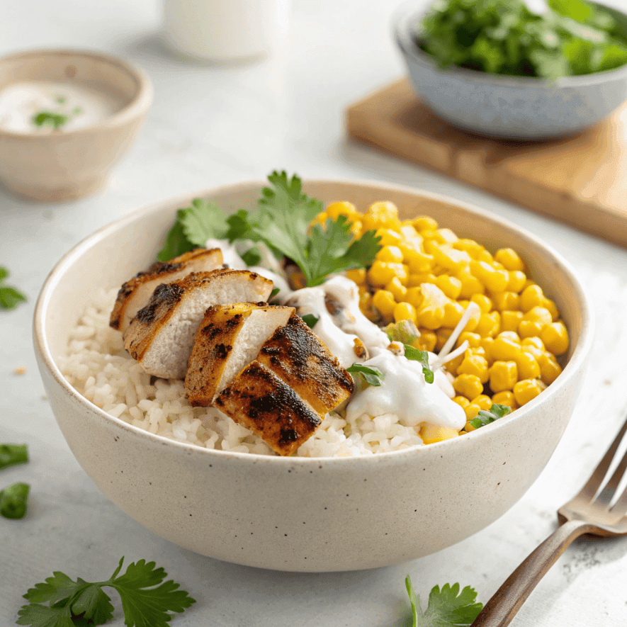 Street corn chicken bowl served cleanly with grilled chicken, rice, corn, and creamy sauce.