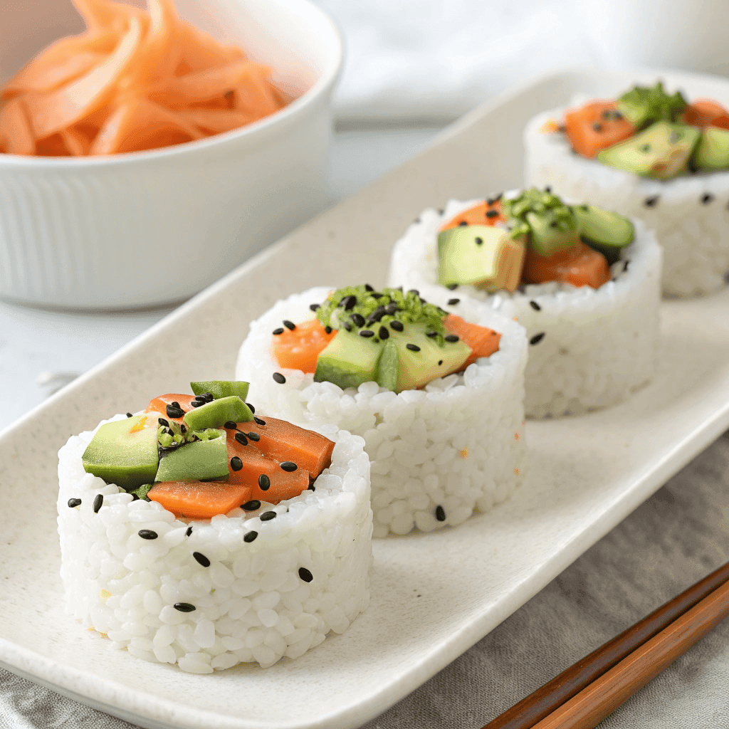 Sushi cups served on a white plate with rice cups filled with avocado, edamame, vegetables, creamy sauce, and black sesame seeds
