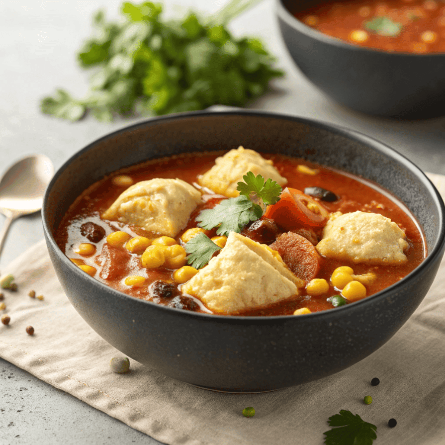 Tamale soup served cleanly with masa dumplings and rich broth.
