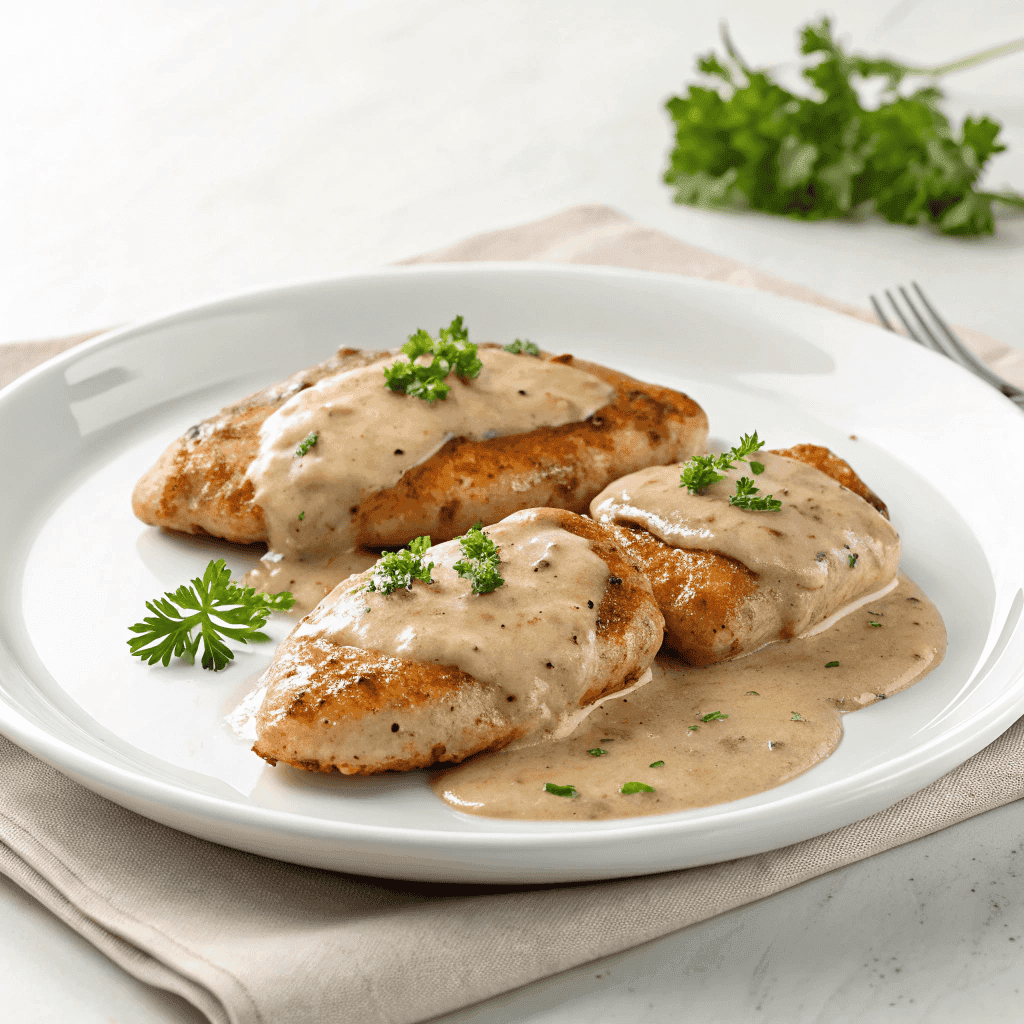 Smothered chicken with creamy gravy served on a clean white plate