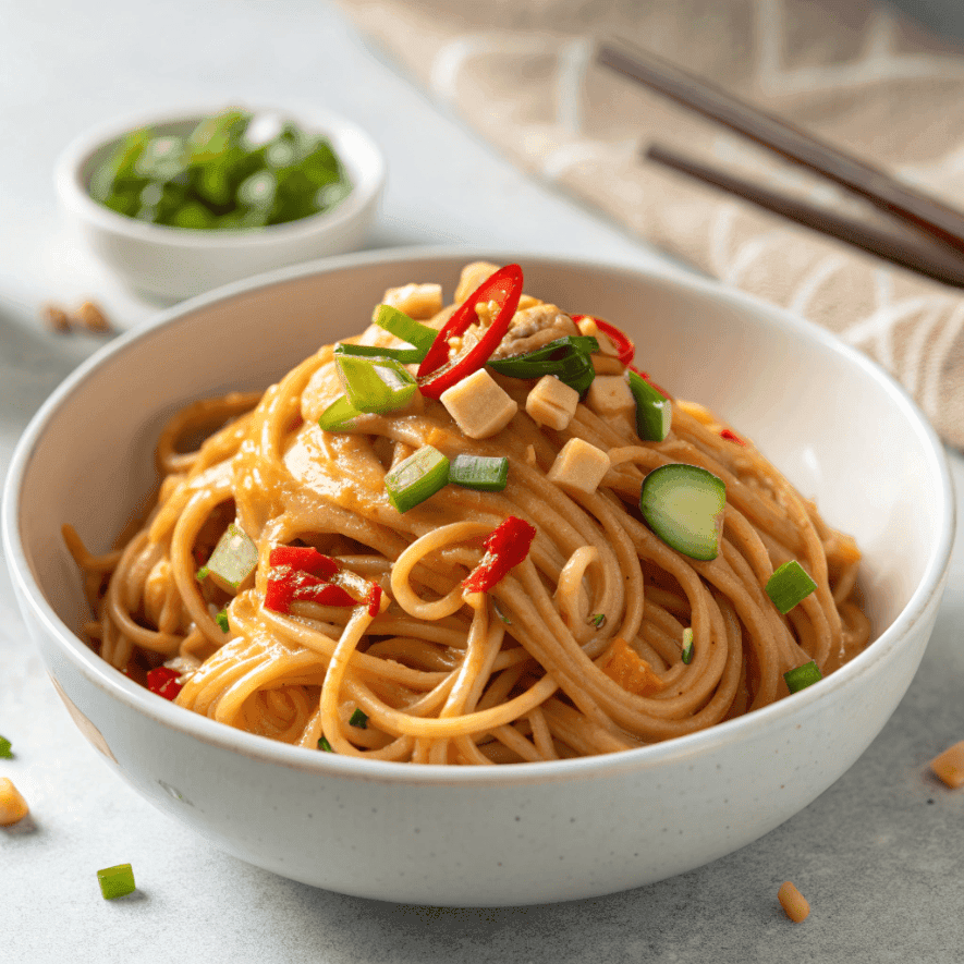 Thai peanut noodles served in a clean white bowl with vegetables and chili flakes.