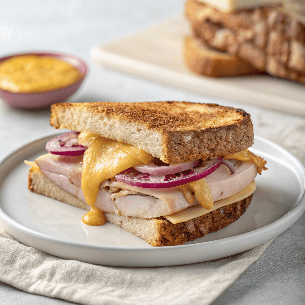 Turkey Dijon melt sandwich served on a white plate with melted cheese and toasted bread