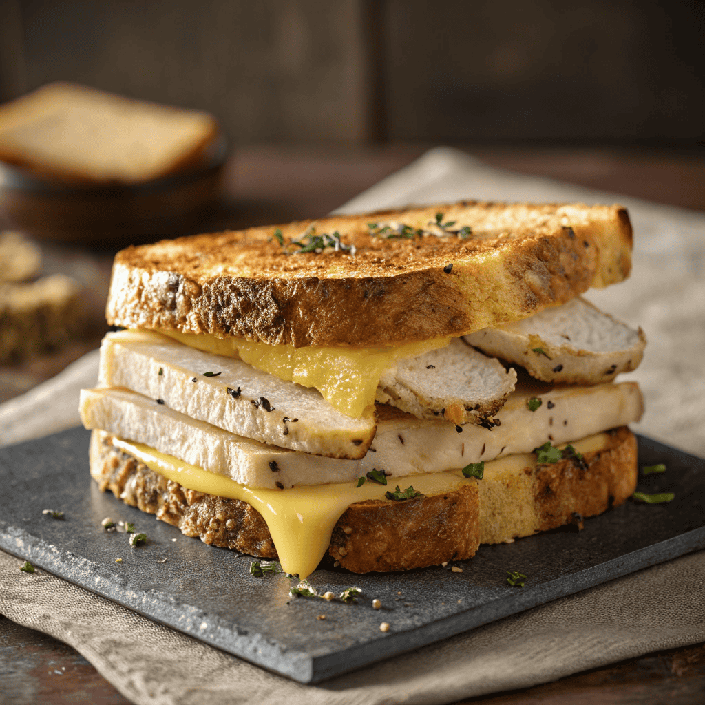 Turkey Dijon melt sandwich with melted cheese, sliced turkey, red onion, and toasted artisan bread