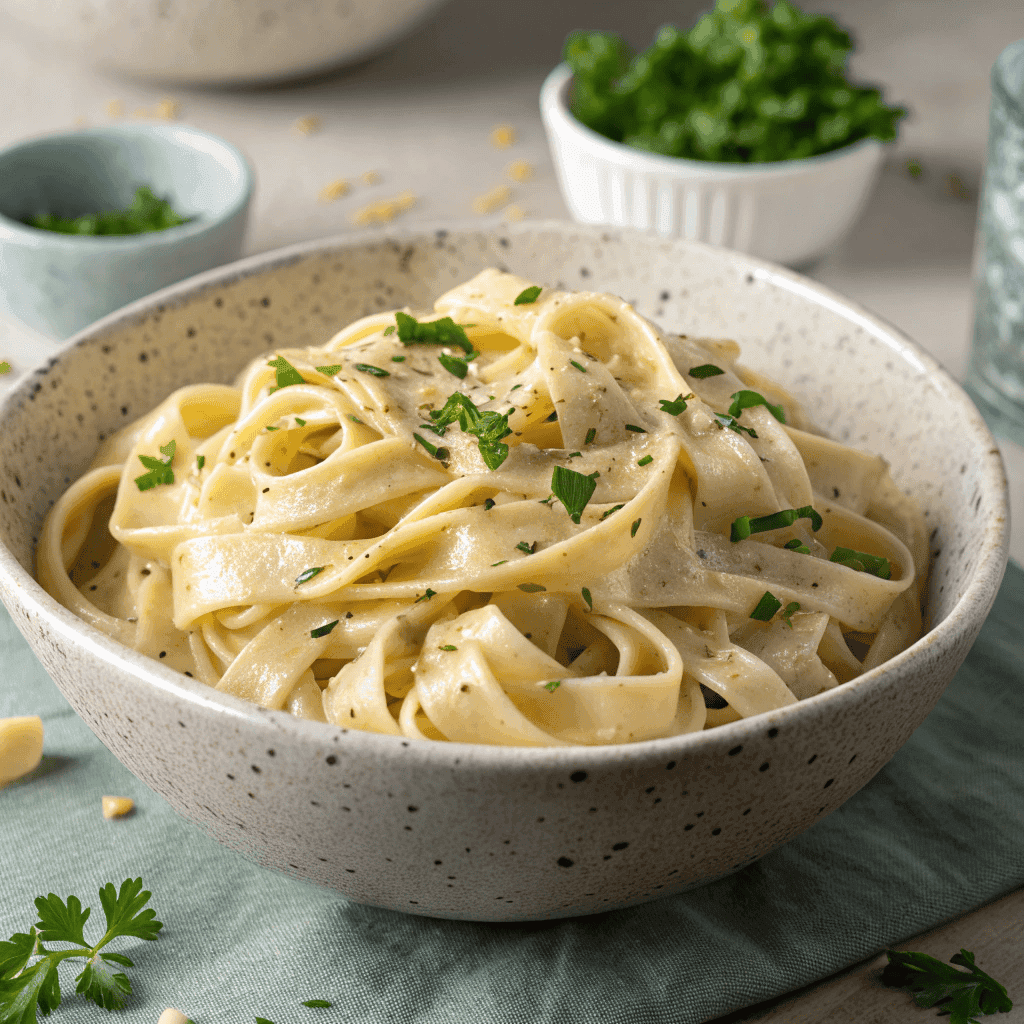 Full bowl of creamy oat milk alfredo pasta with fettuccine noodles and herb garnish.