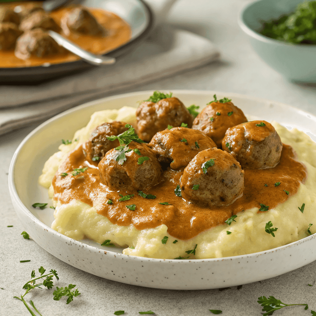 Full plate of creamy homemade meatballs with mashed potatoes and orange cream sauce.