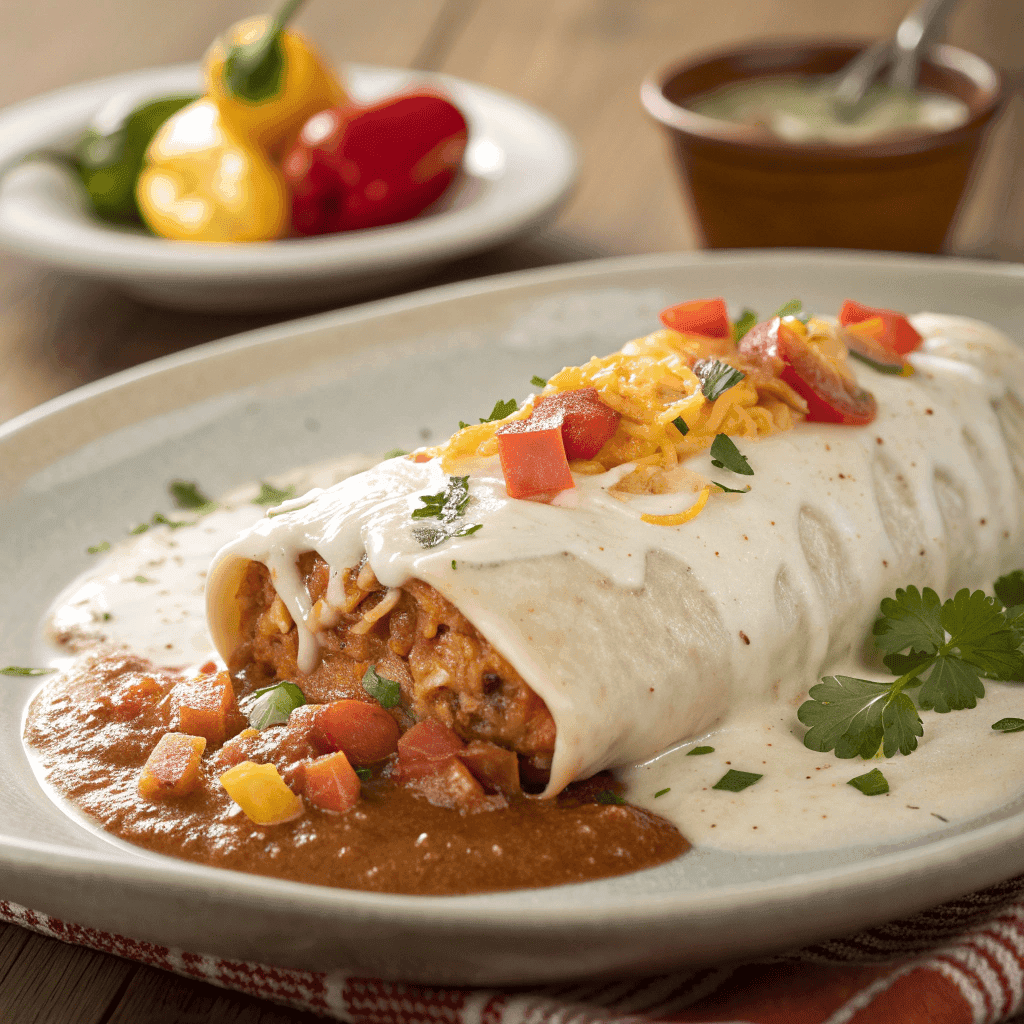 Full plate view of a classic smothered burrito covered in creamy sauce and fresh toppings.
