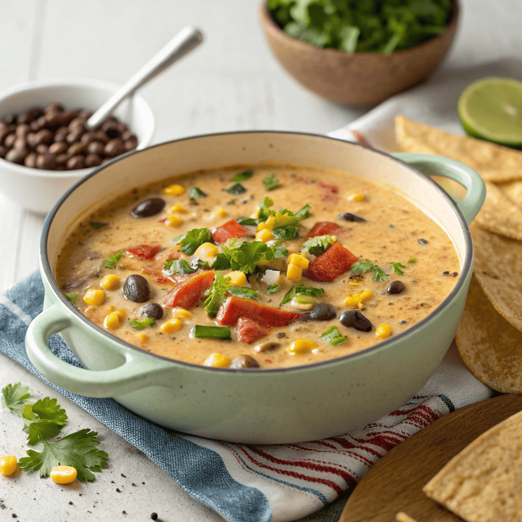 Creamy Taco Soup | Cheesy Southwest Comfort Bowl 1 Full pot of creamy taco soup with corn, black beans, peppers, and creamy broth.