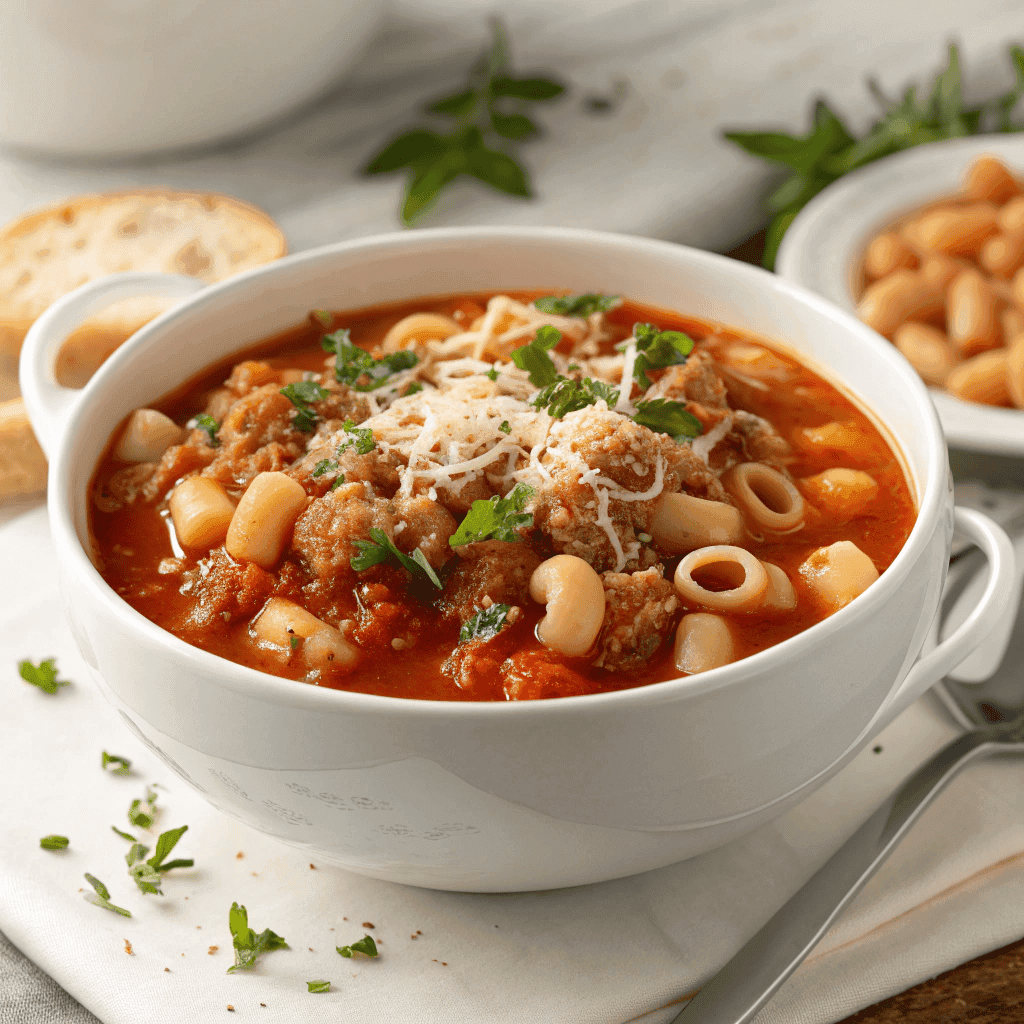 Full bowl of classic pasta fagioli soup with tomato broth, ditalini pasta, white beans, and herbs.