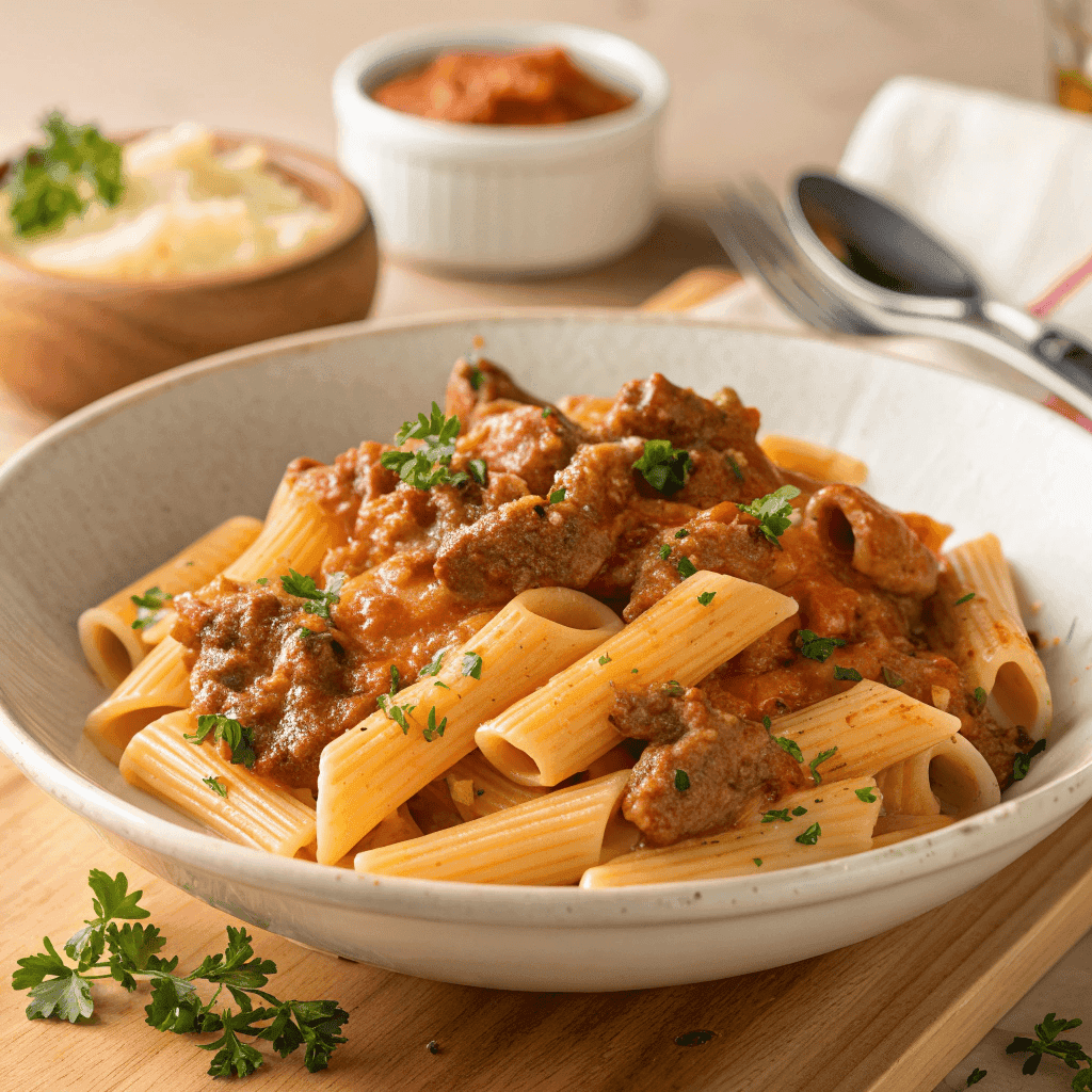 Full serving of creamy beef pasta with penne, ground beef, and rich tomato cream sauce.
