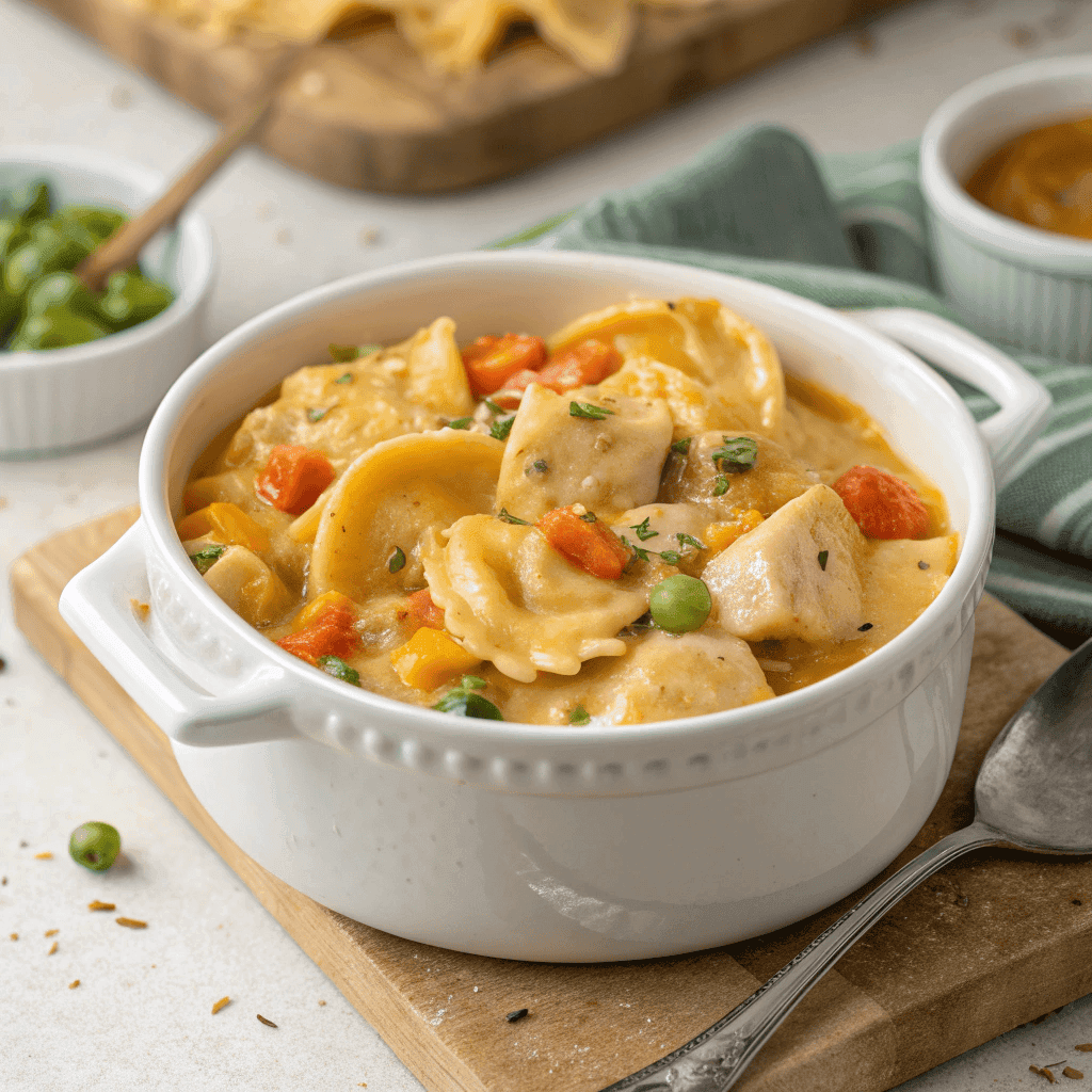 Full bowl of crockpot cheddar chicken pot pie tortellini with creamy sauce and vegetables.