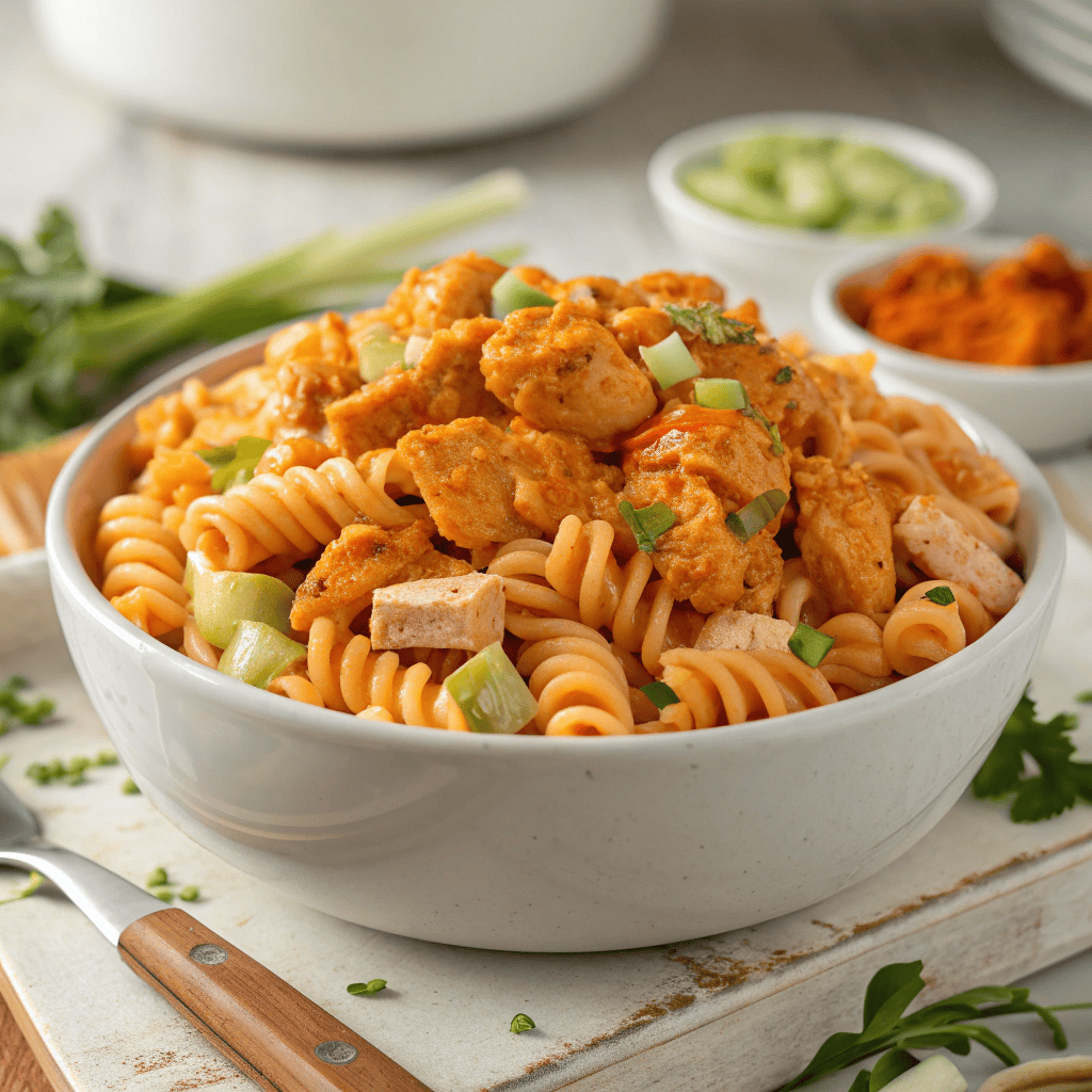 Buffalo chicken pasta salad served in a white bowl with creamy buffalo dressing and vegetables.