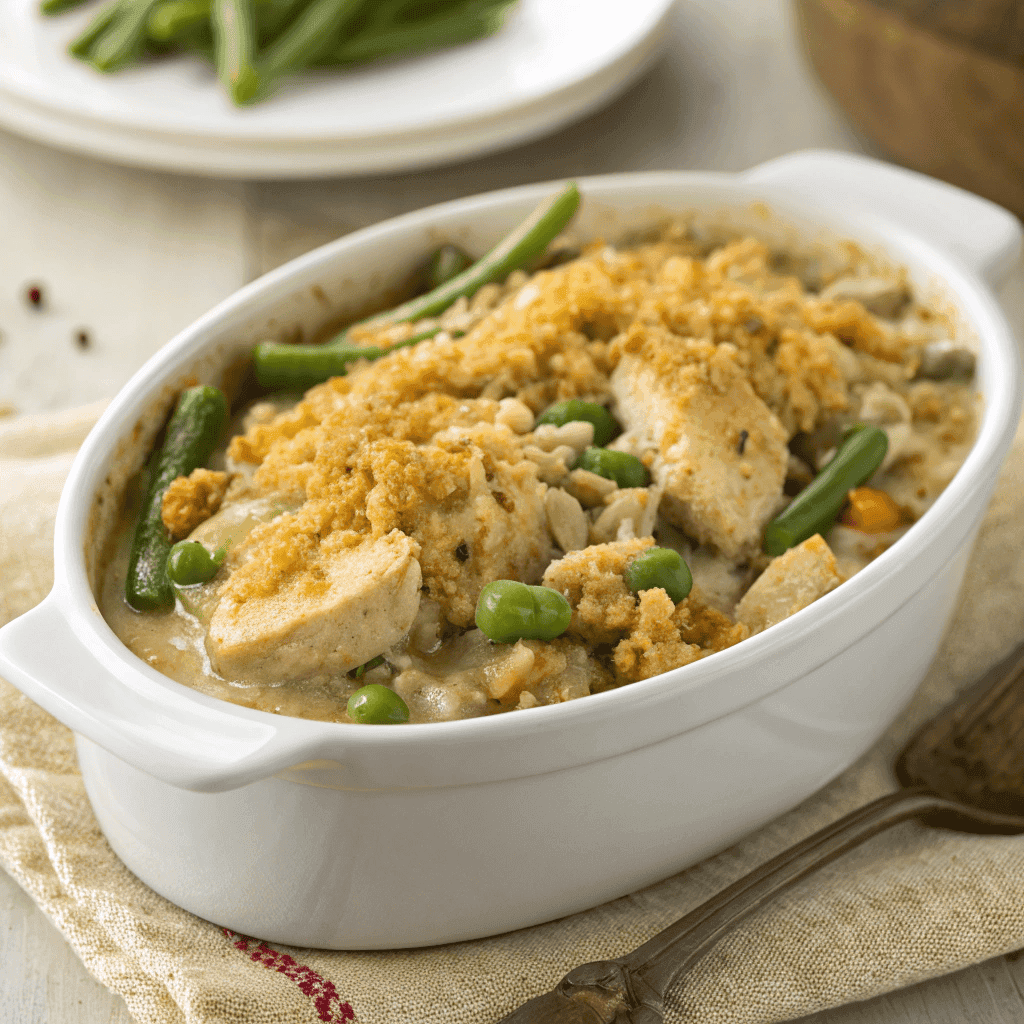 Full bowl of creamy slow cooker chicken casserole with green beans and crunchy topping.