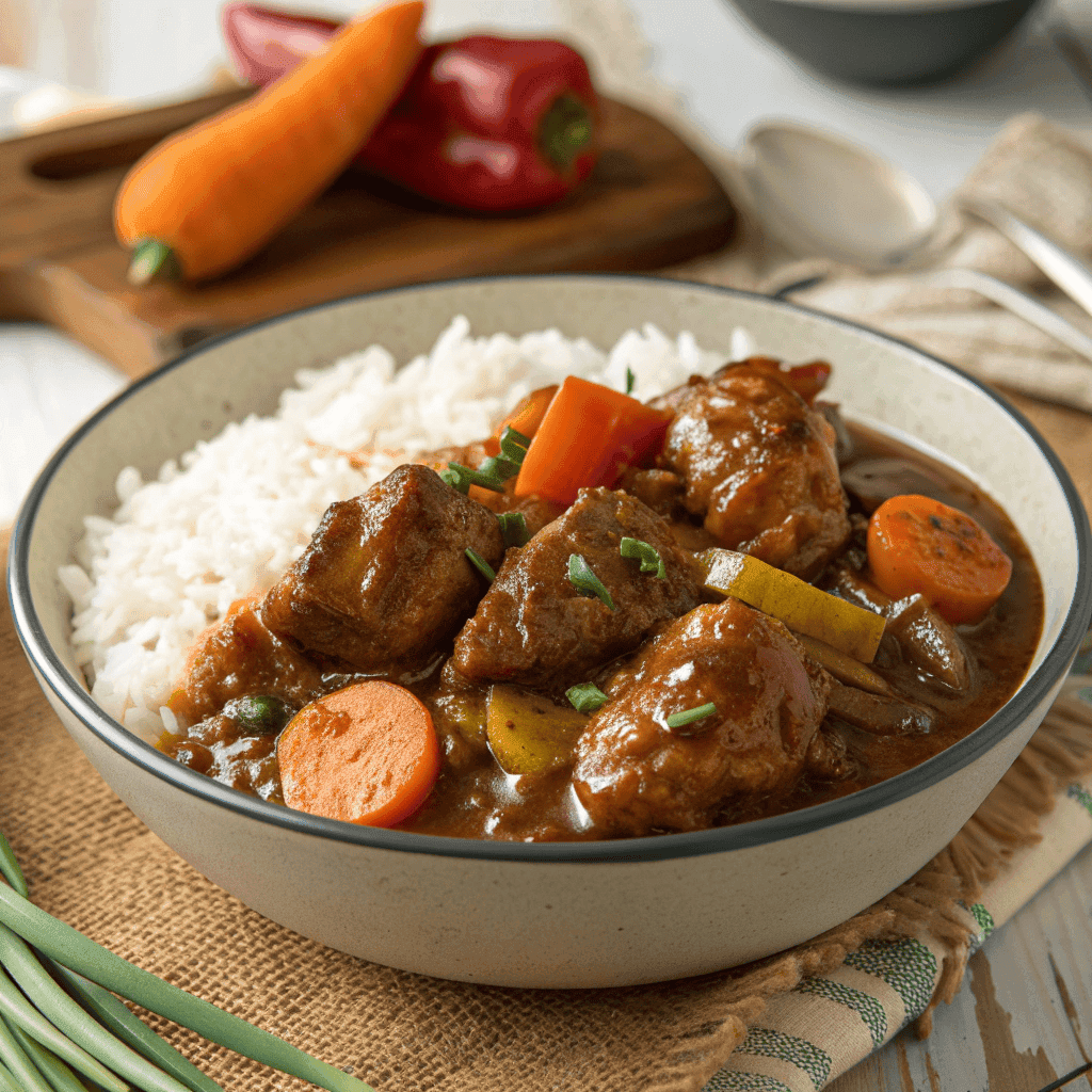 Jamaican Brown Stew Chicken (Rich, Smoky & Flavorful) 2 Full bowl of classic brown stew chicken with vegetables and rice in rich brown sauce.