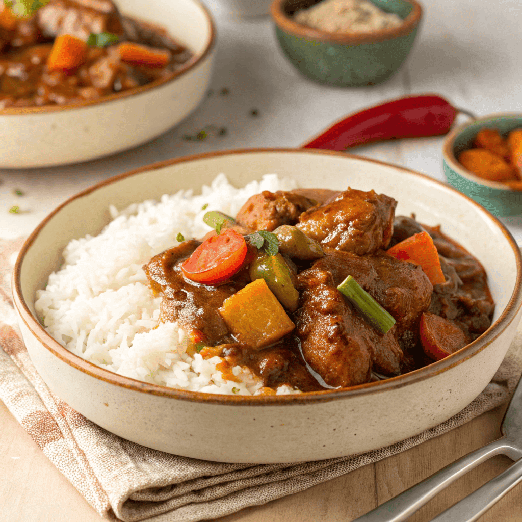 Jamaican Brown Stew Chicken (Rich, Smoky & Flavorful) 3 Macro close-up of brown stew chicken showing glossy gravy, tender chicken, and vegetables.