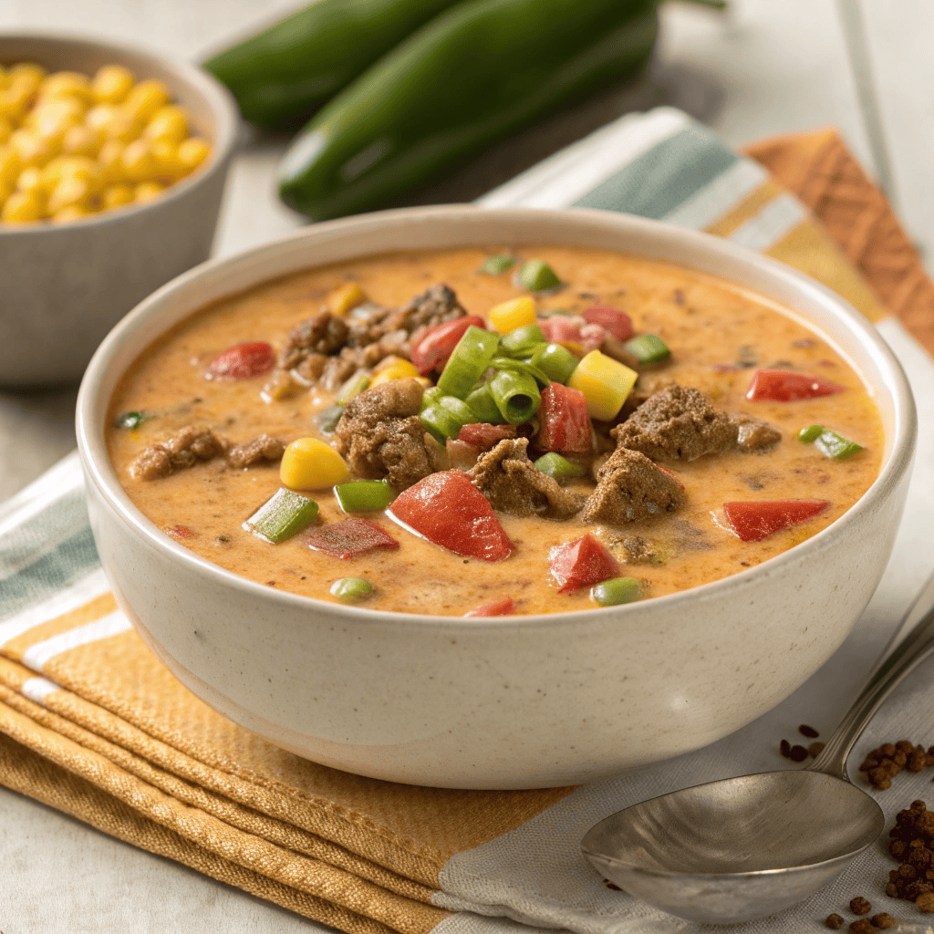 Full bowl of creamy cowboy soup with beef, potatoes, corn, and vegetables in a rich creamy broth.