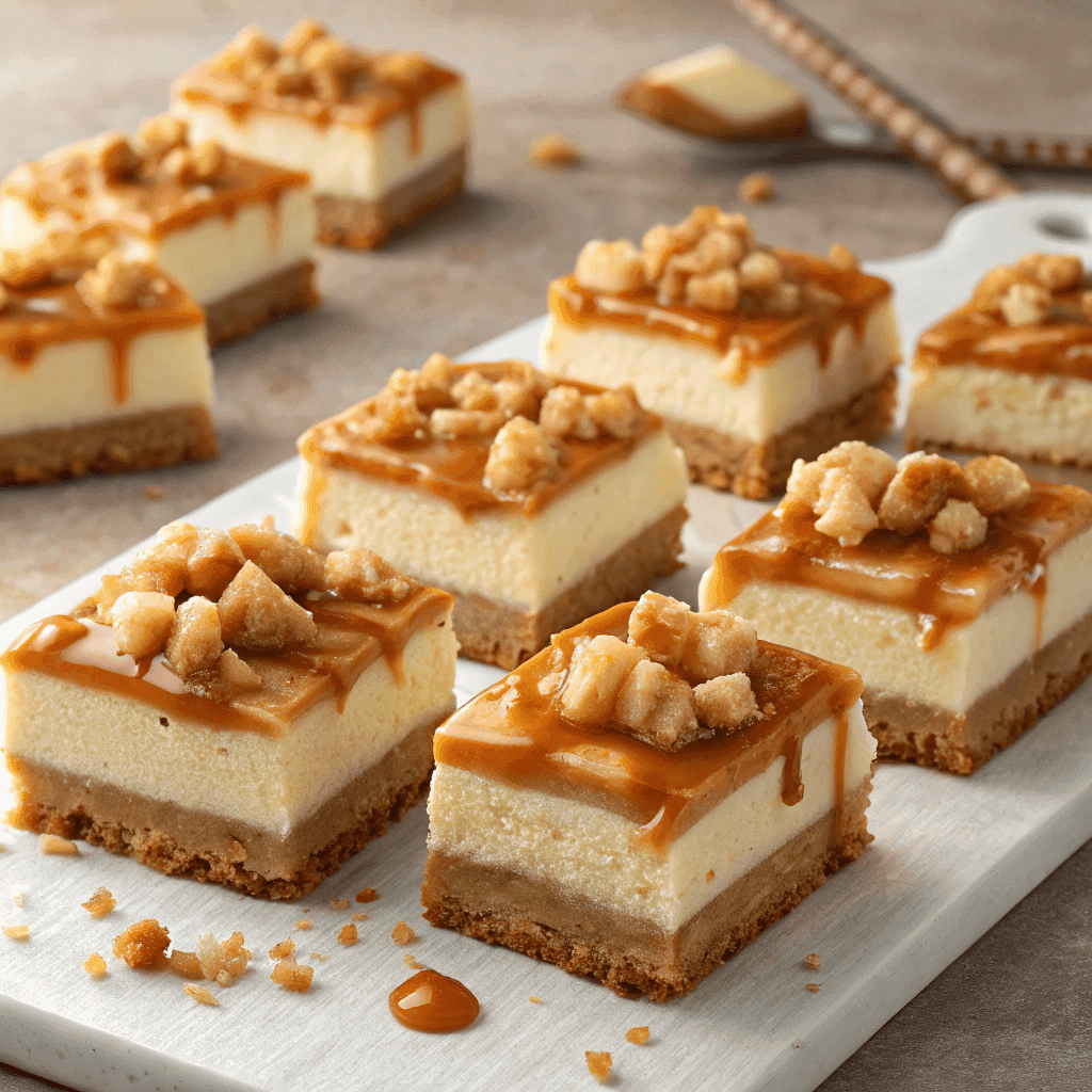 Multiple caramel apple cheesecake bars arranged together showing layered crust, cheesecake, and caramel apple topping.