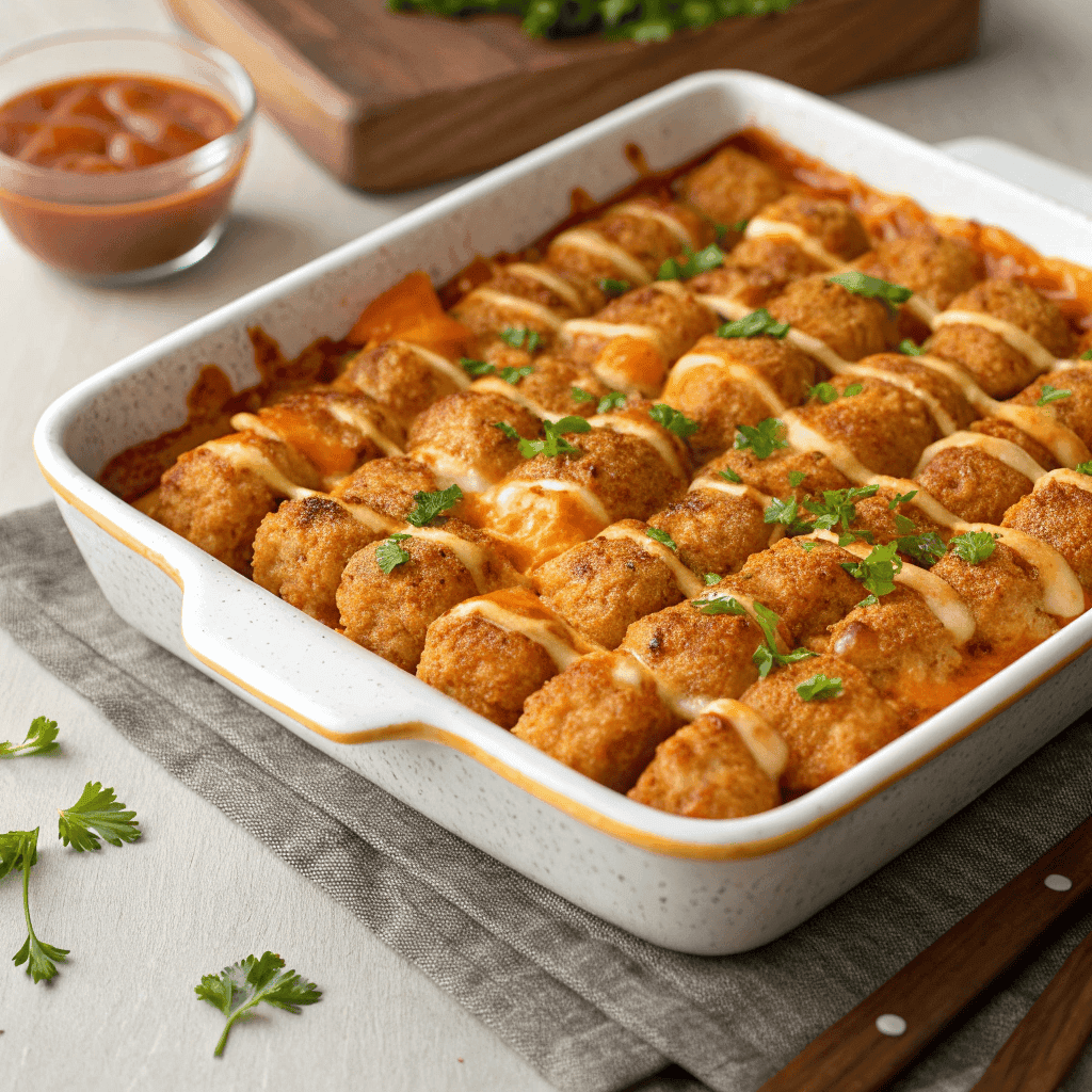 Whole dish of buffalo chicken tater tot bake with crispy tots and creamy sauce.