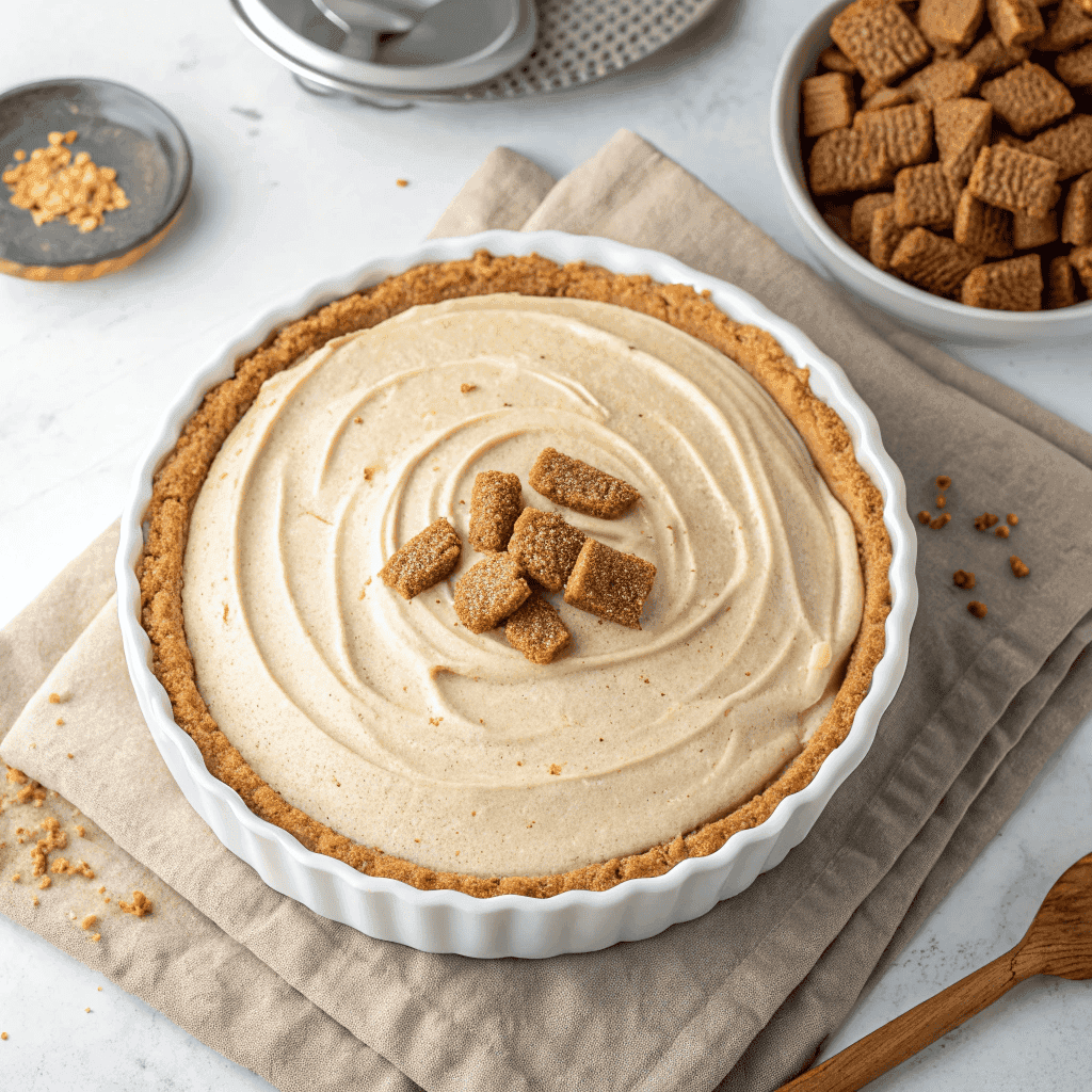 Whole no bake cookie butter cheesecake in a white dish with smooth creamy filling and cookie crumb topping.
