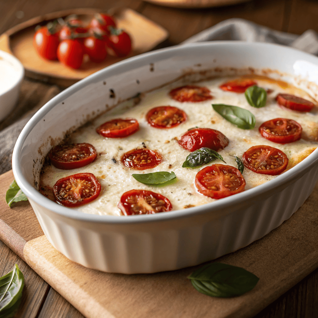 Full view of baked Caprese dip with roasted tomatoes and basil garnish