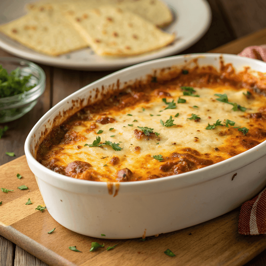 Full view of baked chili cheese dip with browned melted cheese topping