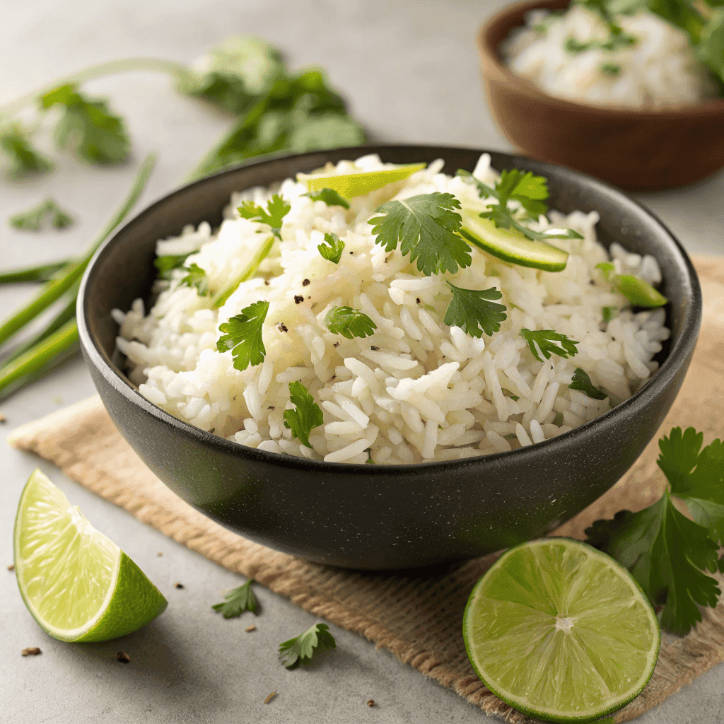 Full bowl of fluffy cilantro lime rice garnished with fresh cilantro and lime wedges