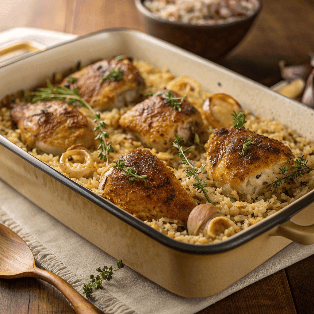 Savory Baked Herb Chicken Casserole | Creamy Comfort Bake 2 Full view of savory baked herb chicken casserole with rice and herbs