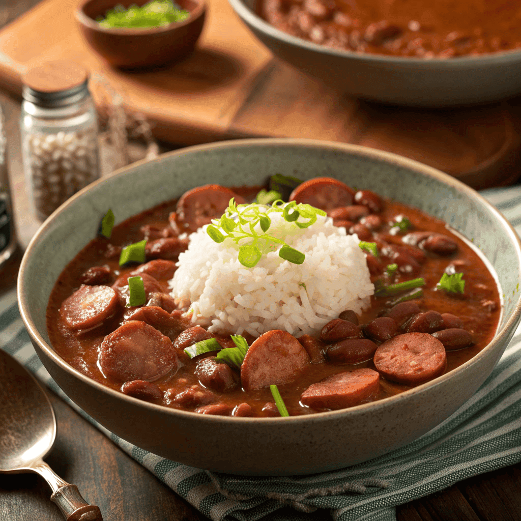 Full bowl of red beans and rice with sausage and green onion garnish