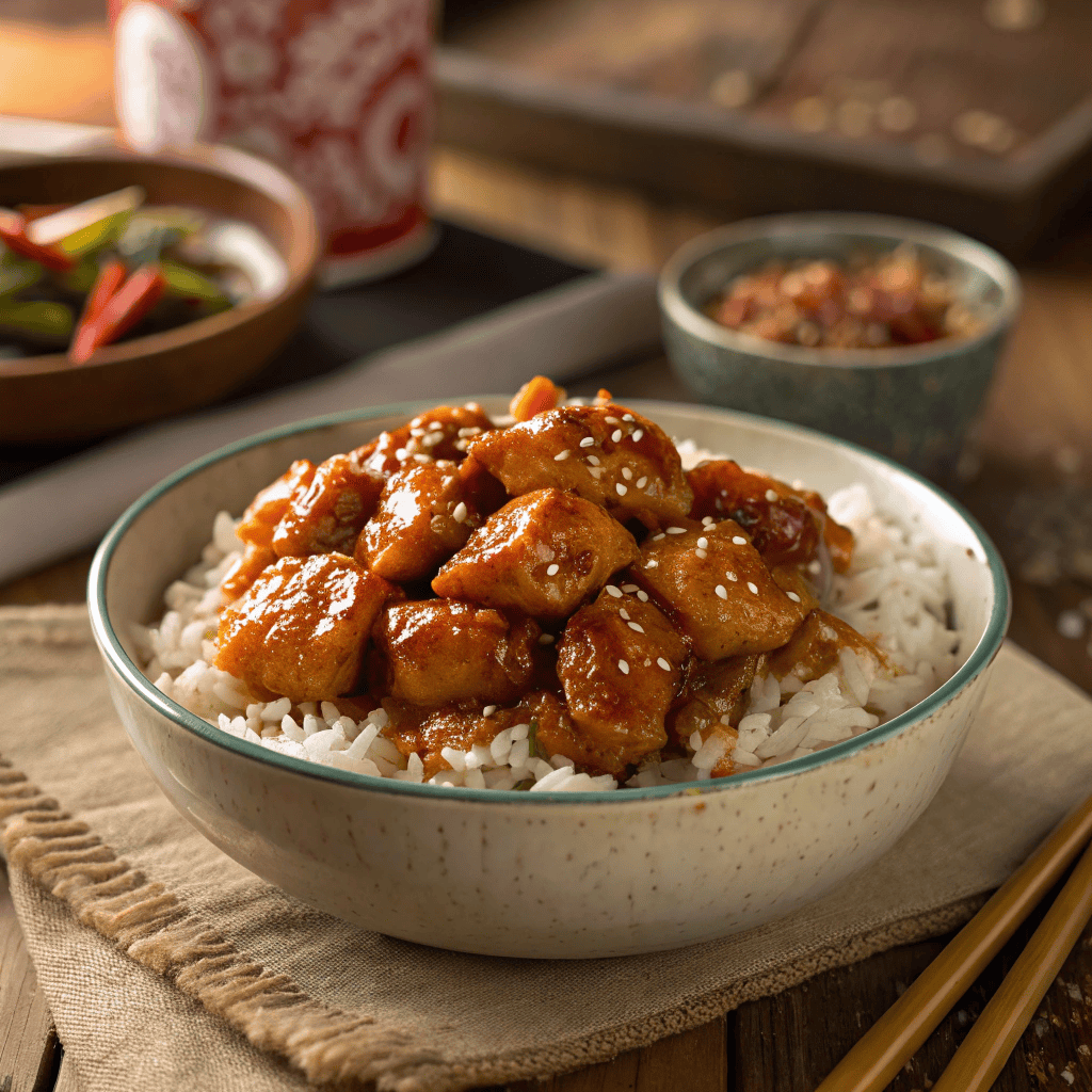 Full bowl of firecracker chicken served over fluffy white rice
