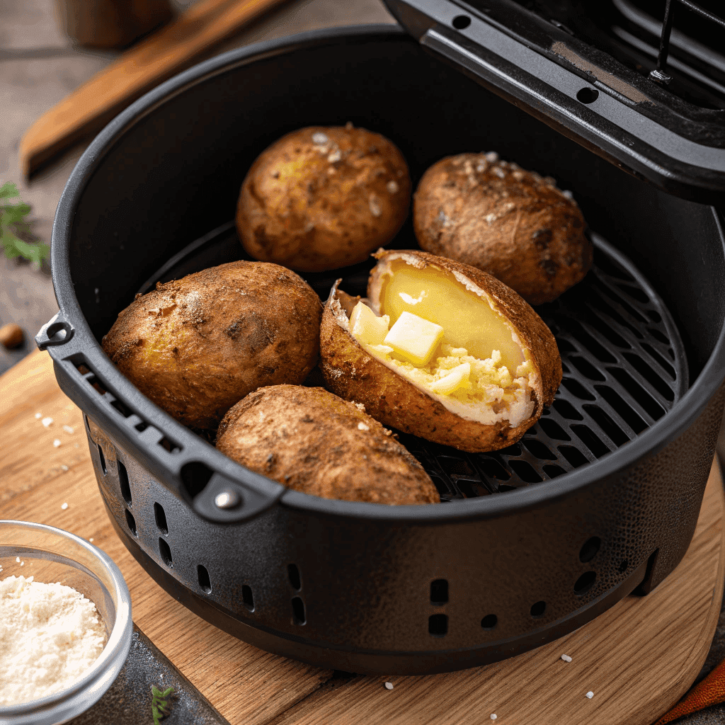 Full view of air fryer baked potatoes with crispy skins and buttered center