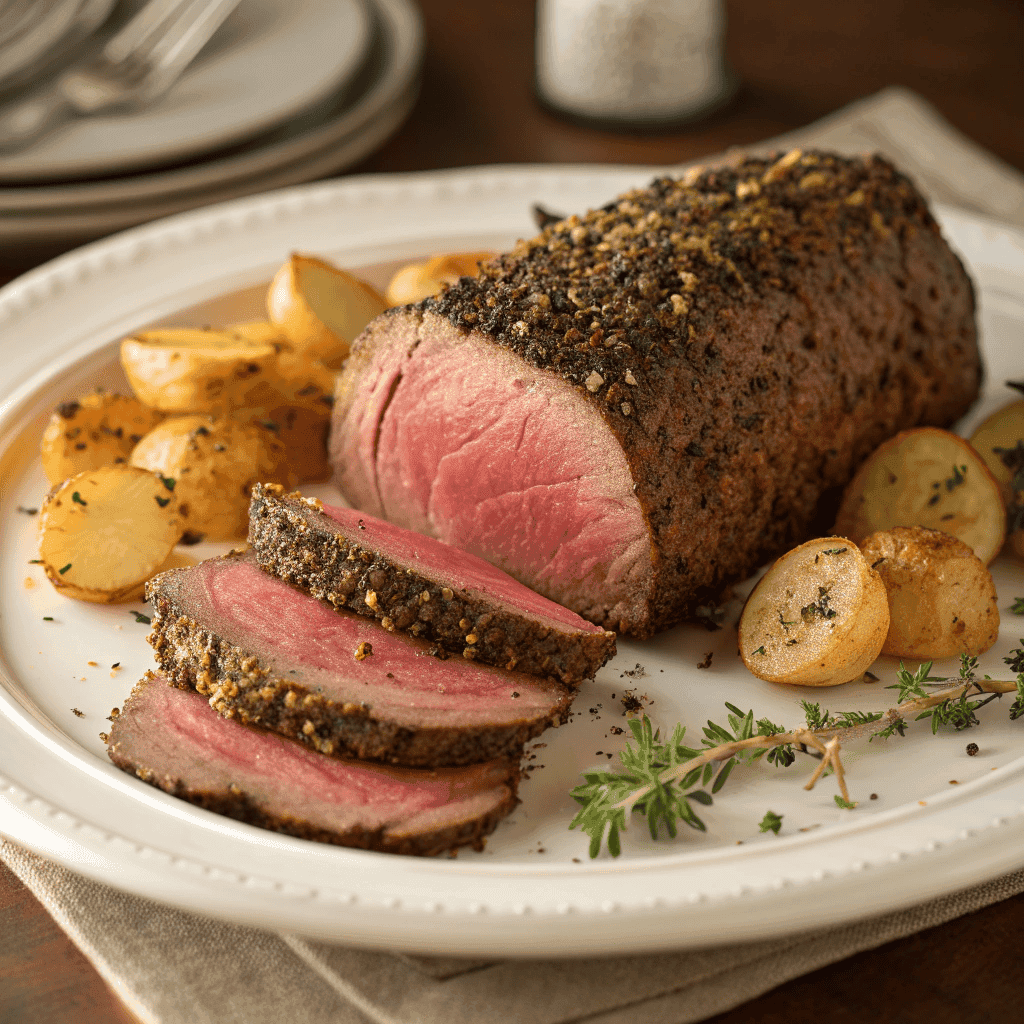 Million Dollar beef tenderloin sliced medium-rare with herb crust, buttered potatoes, and thyme on a white plate