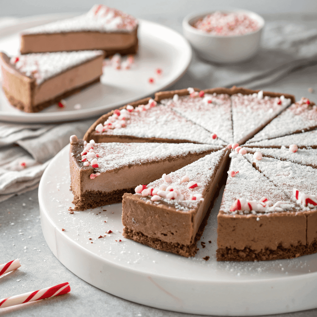 Chocolate peppermint mousse pie topped with powdered sugar and crushed candy canes, sliced and ready to serve