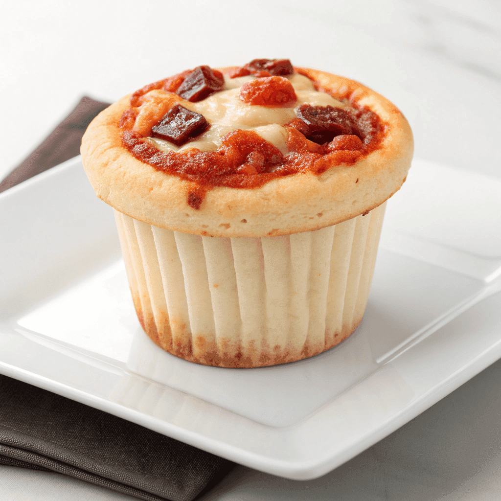 Hero shot of a pizza cupcake with golden dough crust, tomato sauce, melted mozzarella cheese, and chili flakes on a white plate