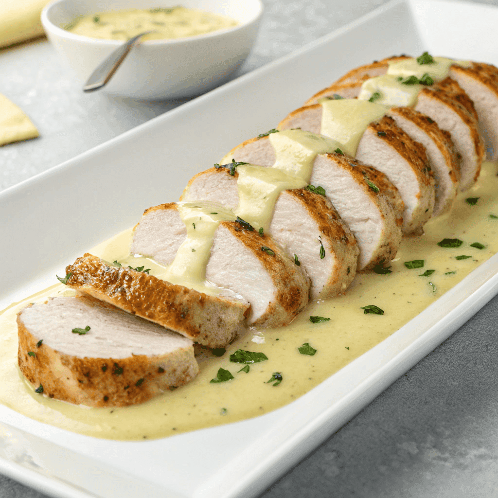 Baked Caesar chicken sliced and topped with creamy parmesan sauce on a white platter