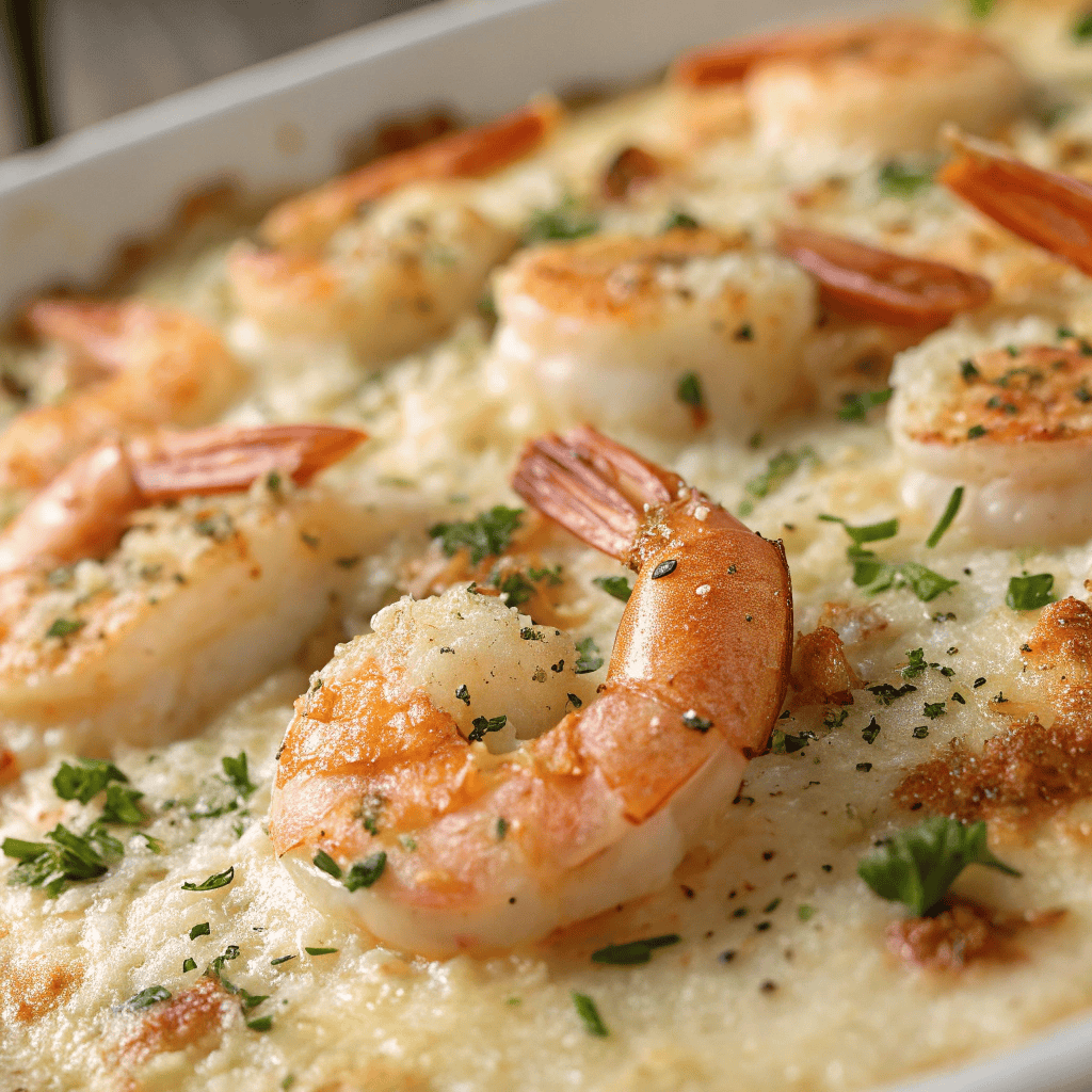 Close-up of garlic parmesan crusted shrimp showing crispy cheese, garlic, and juicy texture