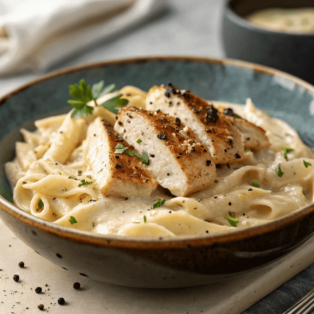 Boursin chicken pasta with creamy cheese sauce, penne pasta, and seared chicken in a dark bowl