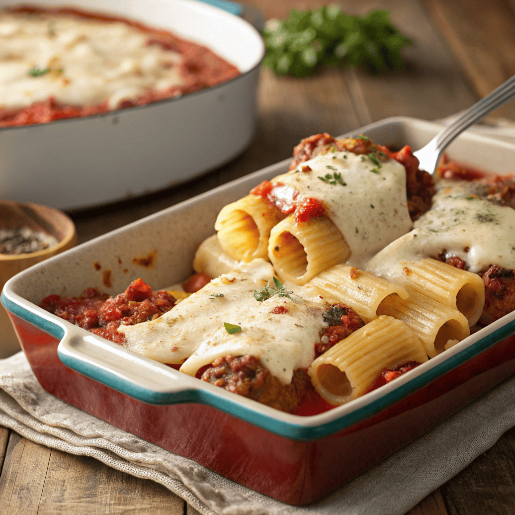 Baked rigatoni with meat sauce and melted cheese being lifted from a baking dish