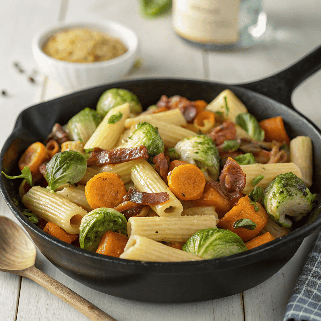 Pasta with roasted Brussels sprouts, butternut squash, bacon, and herbs served in a cast iron skillet