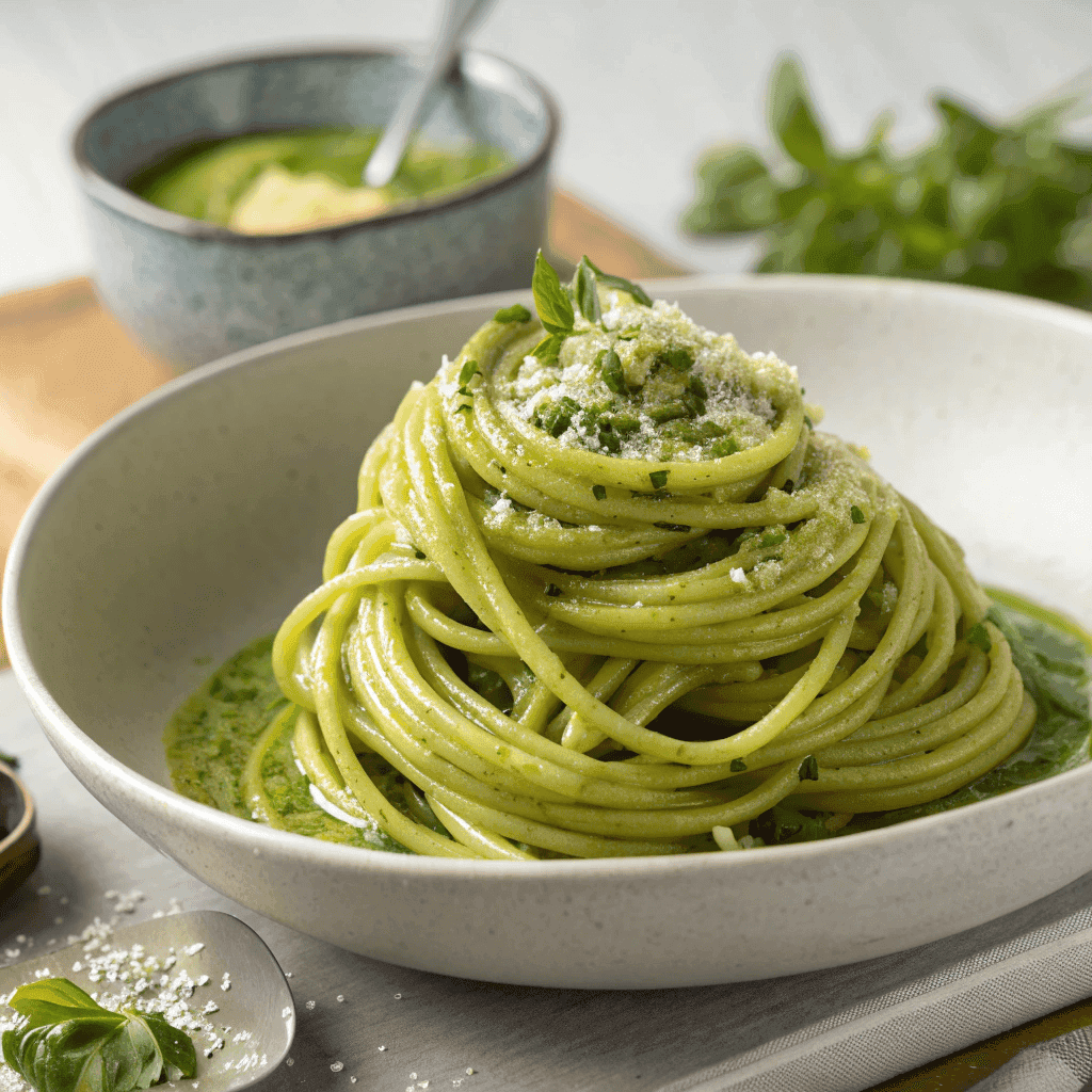 Bucatini pasta coated in vibrant green sauce with basil and grated cheese