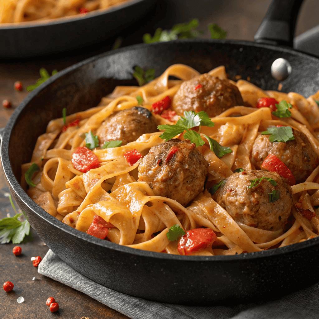 Cajun meatball pasta in a skillet with creamy orange sauce, wide pasta ribbons, and parsley garnish