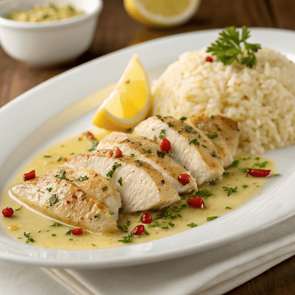 Chicken scampi with garlic butter sauce served with garlic parmesan rice on a white plate