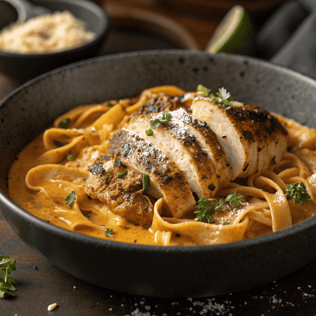 Cowboy chicken pasta with creamy sauce, ribbon pasta, and seared chicken topped with herbs
